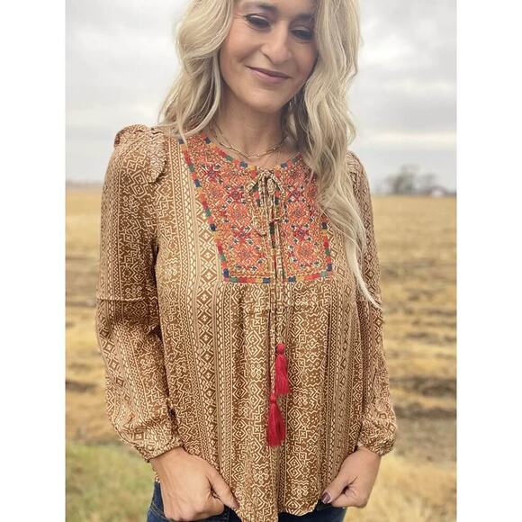 Savanna Jane Tops - Savanna Jane Women’s Small Aztec Embroidered Long Sleeve Tunic Top Blouse